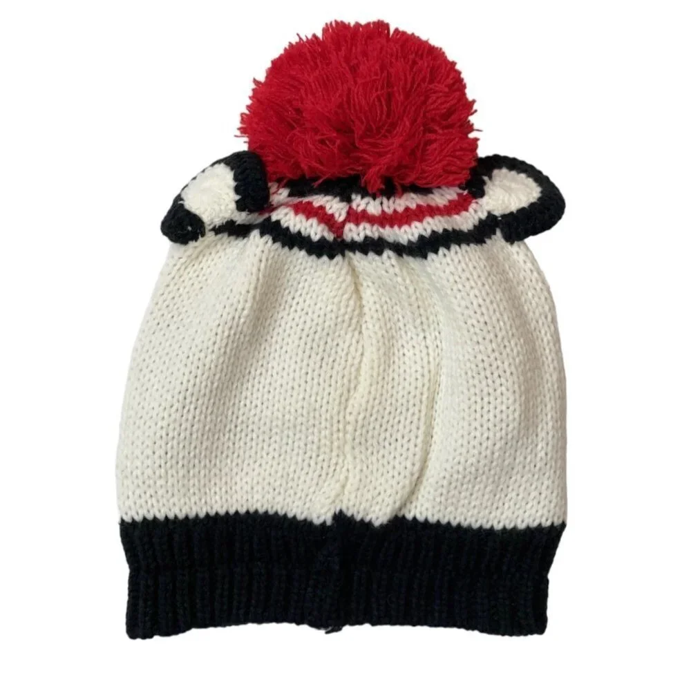 PANDA Winter Hat Toboggan Child's Size 2T—5T White Black Red Pompom Fleece Lined